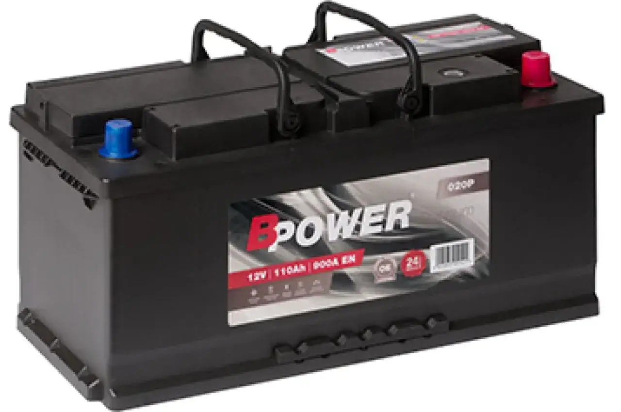 Czarny akumulator BPower 12V 110Ah. Różne rodzaje akumulatorów, jak ten, zapewniają energię.