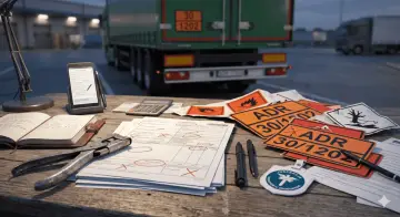 Znaki ADR, dokumenty i kalkulator na stole przed ciężarówką. Transport ADR wymaga precyzji i odpowiednich oznaczeń.