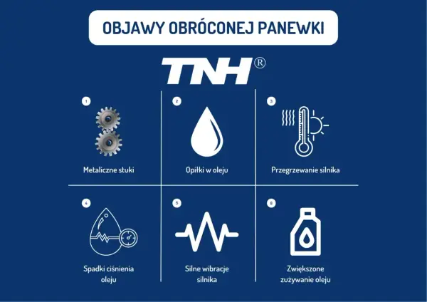 Objawy obróconej panewki: metaliczne stuki, opiłki w oleju, przegrzewanie silnika, spadki ciśnienia oleju, silne wibracje silnika, zwiększone zużywanie oleju.
