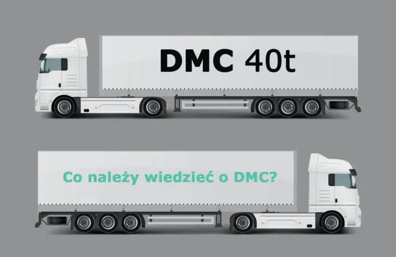 Dwa białe samochody ciężarowe. Górny ma napis "DMC 40t", dolny "Co należy wiedzieć o DMC?".